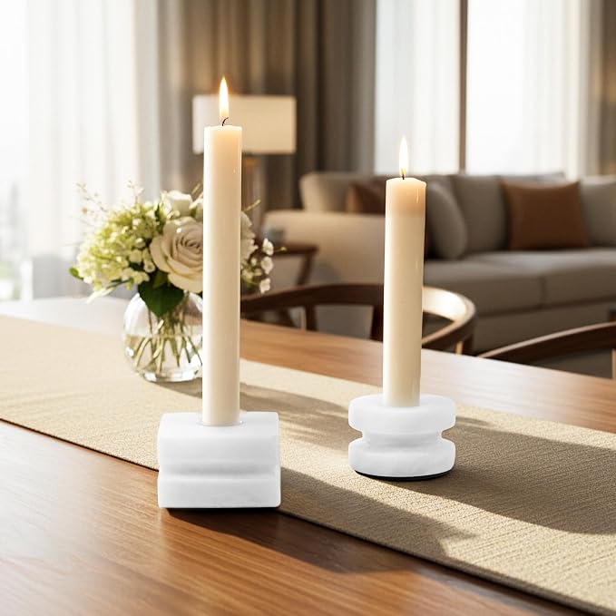Marble Candle Holder Set of 3, White Natural Stone Candlestick Holders, Handmade Taper Candle Stick Holder, Elegant Modern Home Decor, Table Centerpiece for Living Room, Dining & Wedding Gift