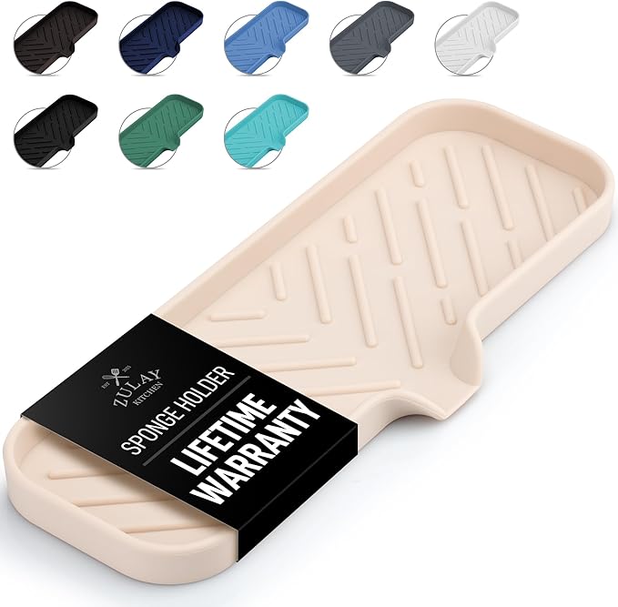 Zulay Kitchen Large Silicone Sponge Holder (12x4) – Flexible Sink Organizer Tray for Kitchen & Bathroom – Multipurpose Soap Dish for Sponges, Makeup, Trinkets & More (Ivory)
