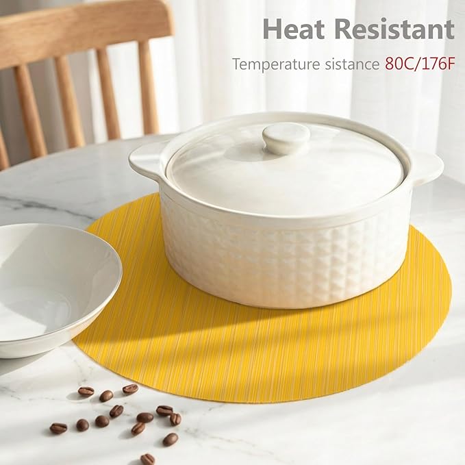 AHHFSMEI Round Placemats Set of 6 Woven Vinyl Non-Slip Heat Resistant Stain Resistant Easy Clean Place mats for Dining Tables(Yellow)