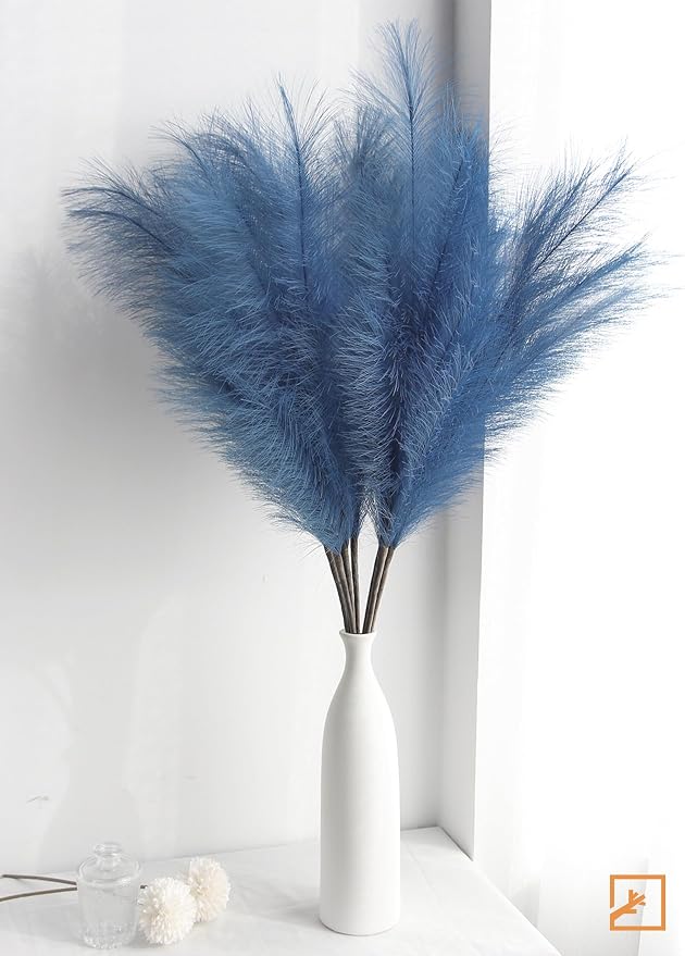 ZIFTY 7-Pcs 38"/3.1FT Blue Pampas Grass Large Tall Fluffy Artificial Fake Flower Boho Decor Bulrush Reed Grass for Bedroom Decor Vase Filler Farmhouse Home Wedding (Blue)