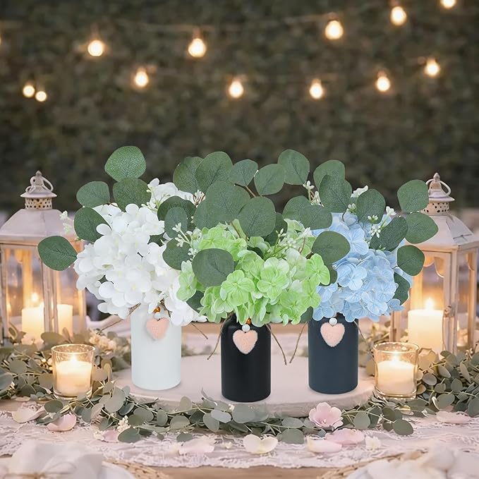 Artificial Hydrangea Flowers in Mason Jar Vase, Set of 3 Faux Hydrangea and Eucalyptus Arrangements, Pre-Arranged Farmhouse Table Centerpieces for Kitchen, Dining Room, Office Decor