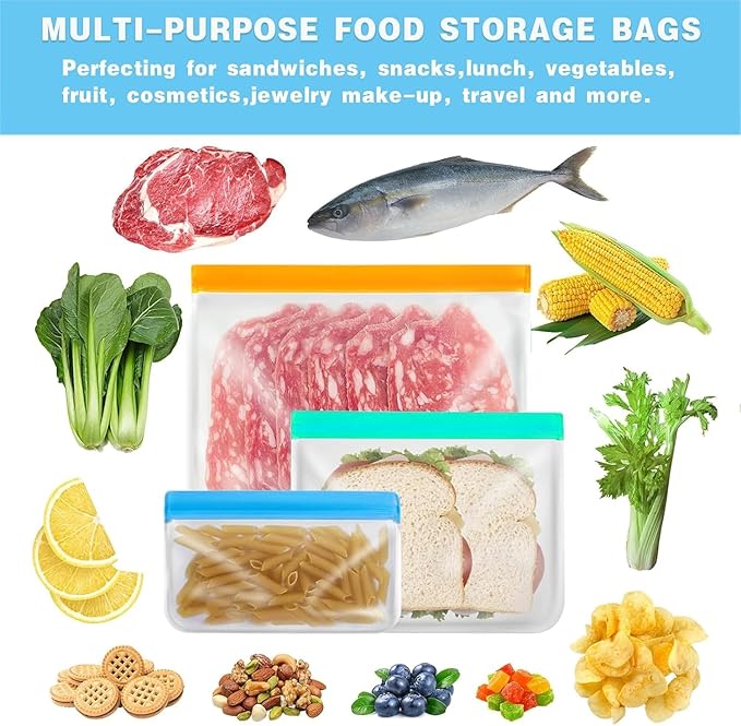 10Pack Reusable Freezer Bags, Leakproof Silicone Food Storage Bags, Dishwasher Safe Bpa Free Reusable Bags For Lunch Marinate & Travel - 3 Gallon, 4 Sandwich, 3 Snack Sizes