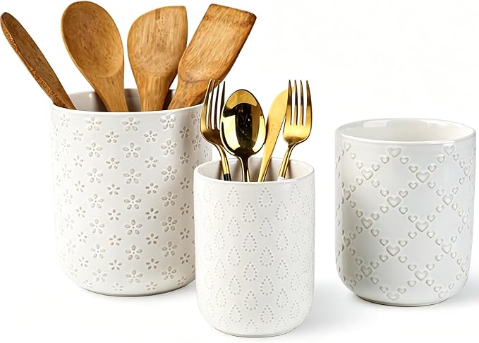 Kitchen Utensil Holder, Farmhouse Embossed Cooking Utensils Holder, White Ceramic Utensil Crock for Countertop, Large Utensil Organizer for Spatula, Spoon, Fork, Chopsticks, Set of 3