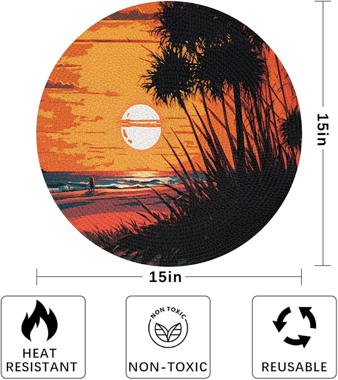 Round Placemats Set of 4, Summer Beach Sunrise Trees Woven Placemats Mats Non-Slip Heat Resistant Washable Table Mats Round Braided Place for Farmhouse Kitchen Dining Party Decor 15in
