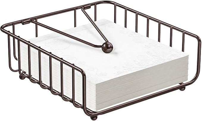 Napkin Holder for Table with Weighted Arm, Dinner Metal Flat Napkin Holders for Paper Napkins, Outdoor Napkin Dispenser Restaurant (Bronze)
