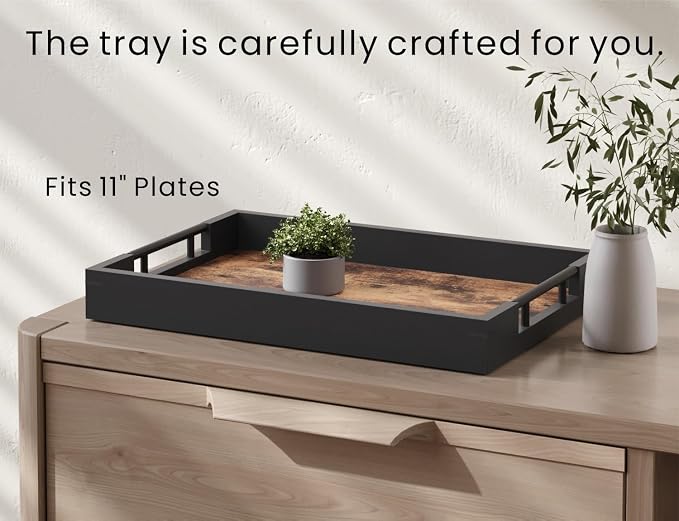 Fibogollo Wooden Serving Tray with Metal Handles,17x12in Ottoman Decorative Trays Platter for Coffee Table,Living Room,Bar,Party,Large