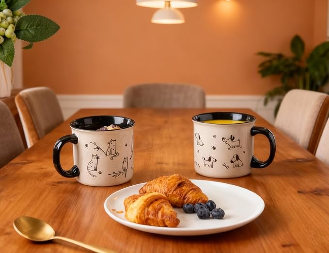 AmorArc 22 OZ Large Ceramic Coffee Mugs Set of 2, Oversized Mugs With Big Handle for Men Women Dad Mom, Big Mug With Textured Dogs Cats Patterns for Office & Home -Microwave Safe, 2 Pcs-Black