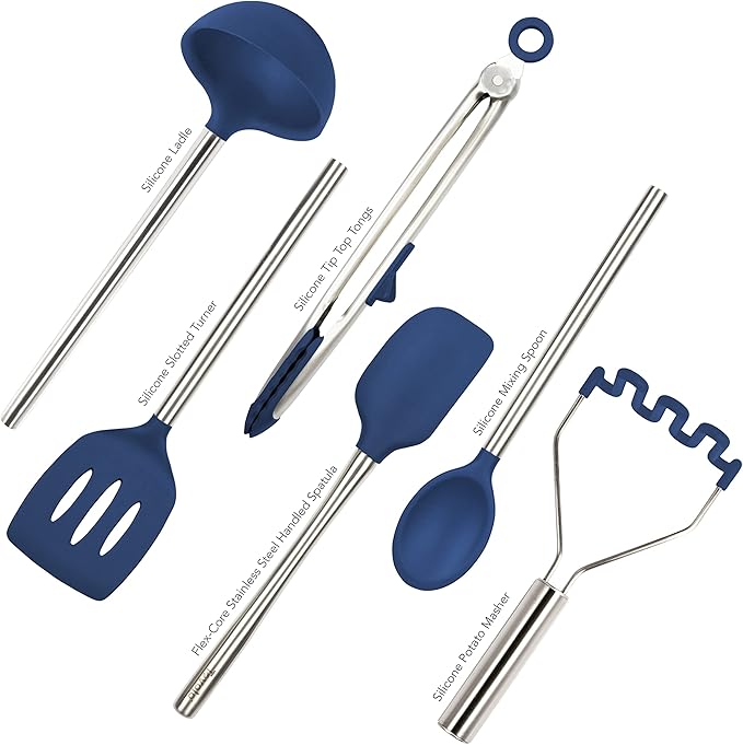 Tovolo Silicone Cooking Utensil Set of 6 Stainless Steel Handle Ladle Slotted Turner Tongs Flex Core Spatula Scraper Mixing Spoon & Potato Masher, Dishwasher Safe BPA Free Utensils, Deep Indigo
