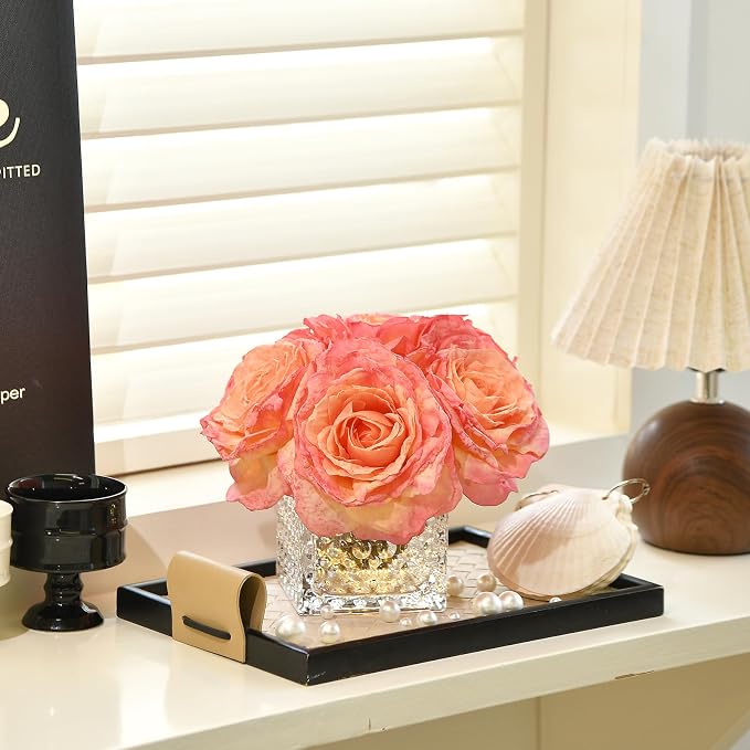 Artificial Rose in Glass Vase Vintage Silk Flower Arrangement with LED Light for Table Centerpiece Home Wedding Decoration (Coral Pink)