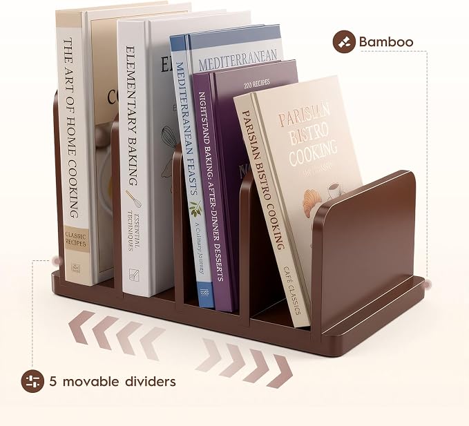 Bamboo Cook Book Organizer，4 Sections，Cookbook Stand for Kitchen Counter，Sturdy Recipe Book Holder Stand for Convenient Cookbook Storage（Burgundy）