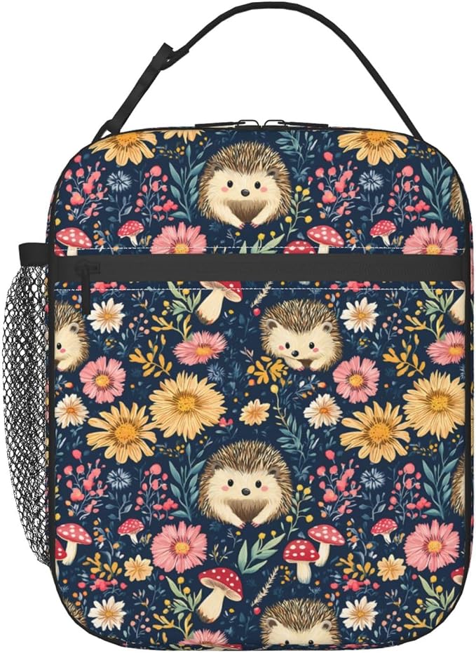 Reusable Hedgehog and Floral Lunch Box for Kids Girls Boys Women Adult, Insulated Cute Woodland Lunch Bag,Polyester Cooler Handbags Case for School Picnic Work Travel Beach or Hiking