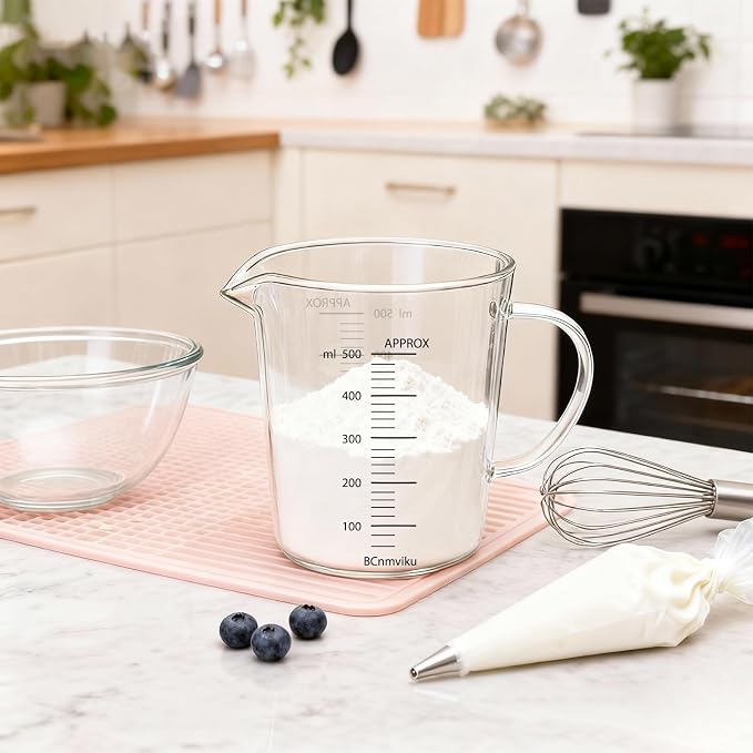 BCnmviku Glass Measuring Cups High Borosilicate 500ML 2CUPS [Insulated Handle | V-Shaped Spout]For Prepping Baking and Cooking Preheated Oven Dishwasher Freezer and Microwave Safe