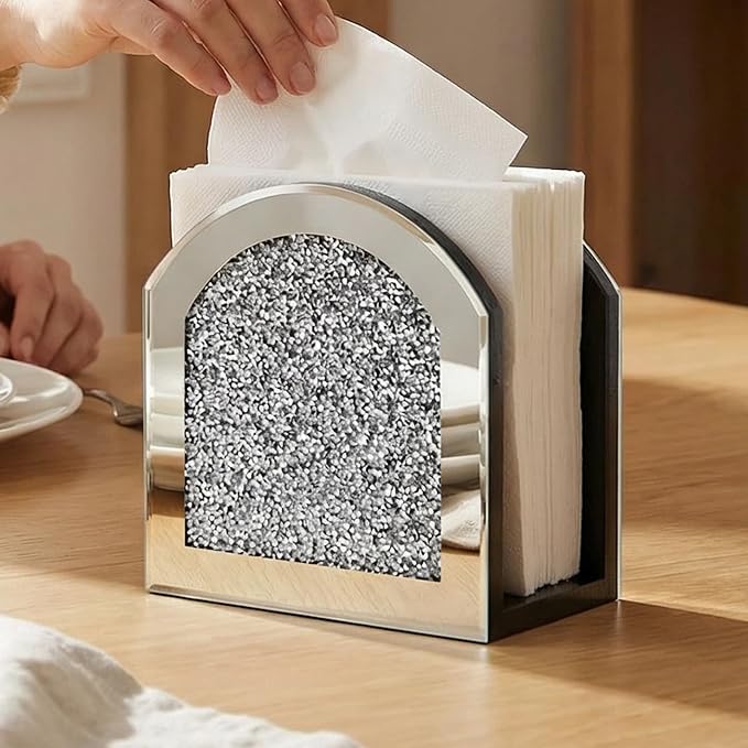 Mirror Napkin Holder with Crushed Diamond, Bling Glass Silver Napkin Holder for Dining Table Kitchen Countertop and Home Décor