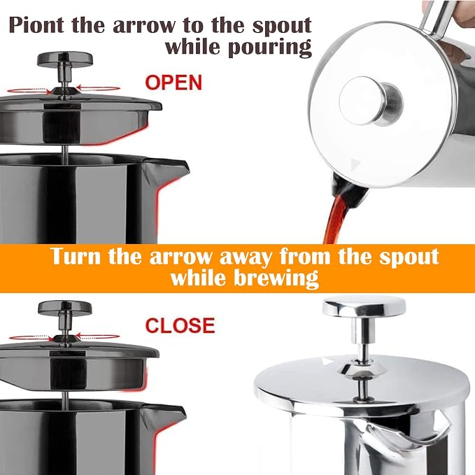 LANTE French Press Coffee Maker, 1.5L Double Insulated 304 Stainless Steel Tea Maker 4 Level Filtration System, No Coffee Grounds, Rust-Free, Dishwasher Safe 50oz Coffee Press for Family Party