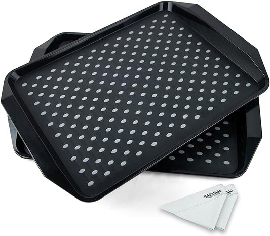 KAQAHIDO Large Non Slip Serving Tray with Grippy Dots, TV Lap Trays for Eating on Couch, Meal Serve for Dinner Breakfast, Rectangular Food Carrying for Plates, Glasses, Dishes, Set of 2, Black