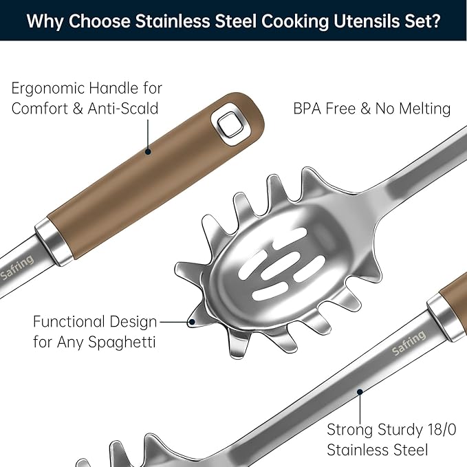Safring Stainless Steel Soup Ladle and Spaghetti Spoon Set, Heat Resistant Rubber Handle, Dishwasher Safe, Kitchen Utensils for Cooking, Stirring, Serving Pasta, Soup & Sauce (Coffee)