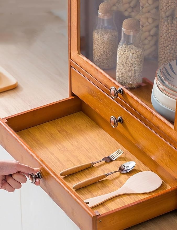 Bamboo Storage Cabinet with Drawers for Kitchen Countertop, Freestanding Pantry Clear Acrylic Flip-Up Door Organizer(42cm)