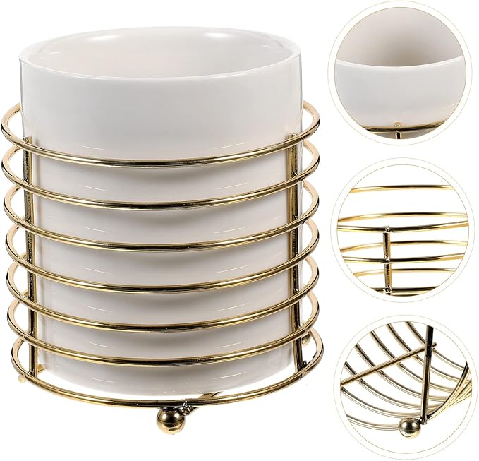 PRETYZOOM Ceramic Cutlery Organizer with Detachable Iron Wire Large Kitchen Spoon Holder for Chopsticks and Utensils Stylish White and Gold Design for Desktop Use