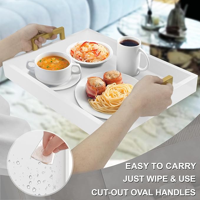 MAONAME Wood Serving Tray with Handles, White Decorative Tray for Coffee Table, Modern Rectangular Tray, Wooden Ottoman Tray, 15.8” x 11.8” x 2"