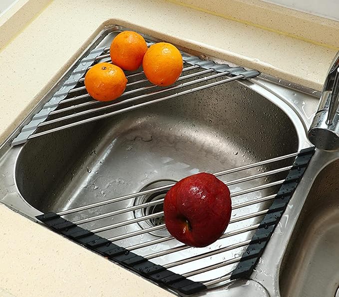 Over the Sink Dish Drying Rack Roll Up and Triangle for Kitchen Corner Drainer Mat Foldable Stainless Steel (Triangle), Silver