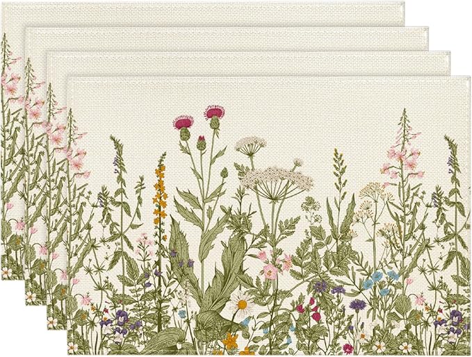 Artoid Mode Antique Herbs and Wild Flowers Summer Placemats Set of 4, 12x18 Inch Seasonal Wildflower Spring Table Mats for Party Kitchen Dining Decoration