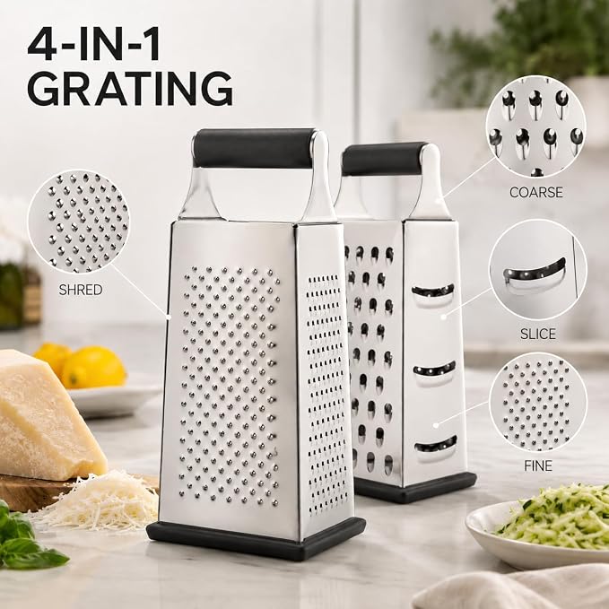 HIC Kitchen Professional Grater Zester, Stainless Steel, Non-Slip Base and Handle, 4 Multi-Grating Surfaces