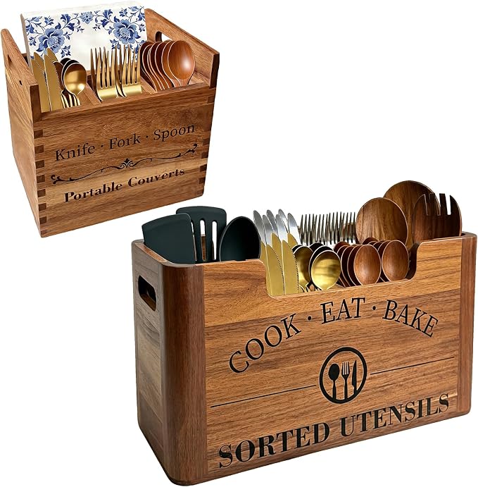 2-in-1 Acacia Wood Kitchen Utensil Holder, Large Farmhouse Countertop Storage with Removable Silverware Caddy, Rustic Wooden Cooking Container for Counter, Island & Dining Room