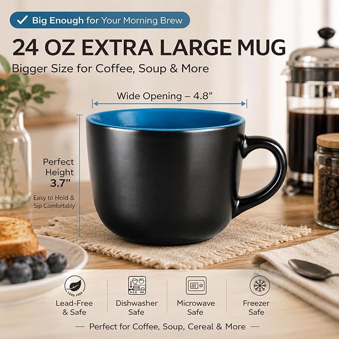 AmorArc 24 oz Soup Mugs with Handles, Jumbo Ceramic Bowls Mugs Set with handles for Coffee Cereal Cappuccino Snacks, Microwave&Dishwasher safe Soup Cups for Meal-Multicolor