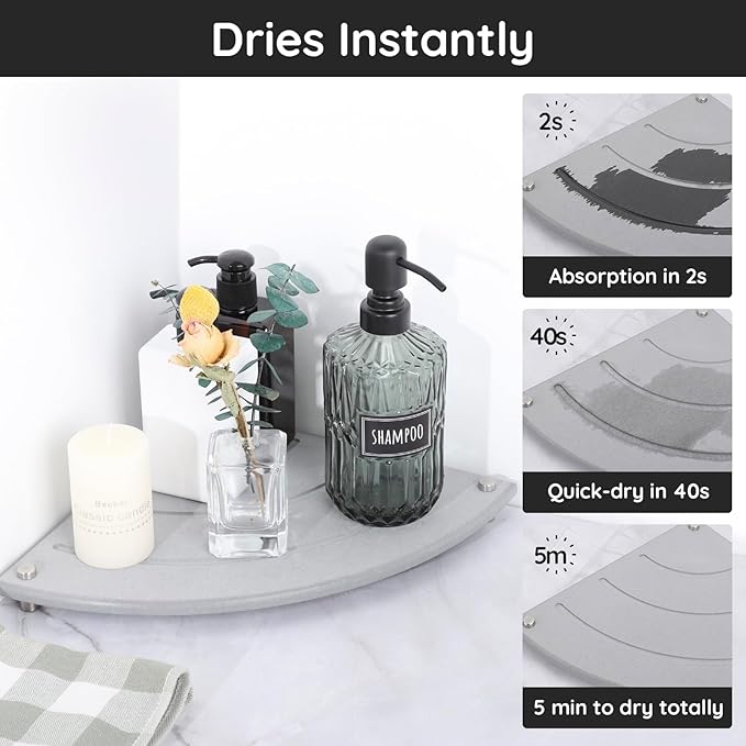 Segbeauty Corner Counter Shelf, 9.85in Water Absorbing Stone Drying Mat for Kitchen Counter, Instant Drying Stone Tray Dish Sponge Holder, Fast Drying Diatomaceous Bathroom Counter Corner Organizer