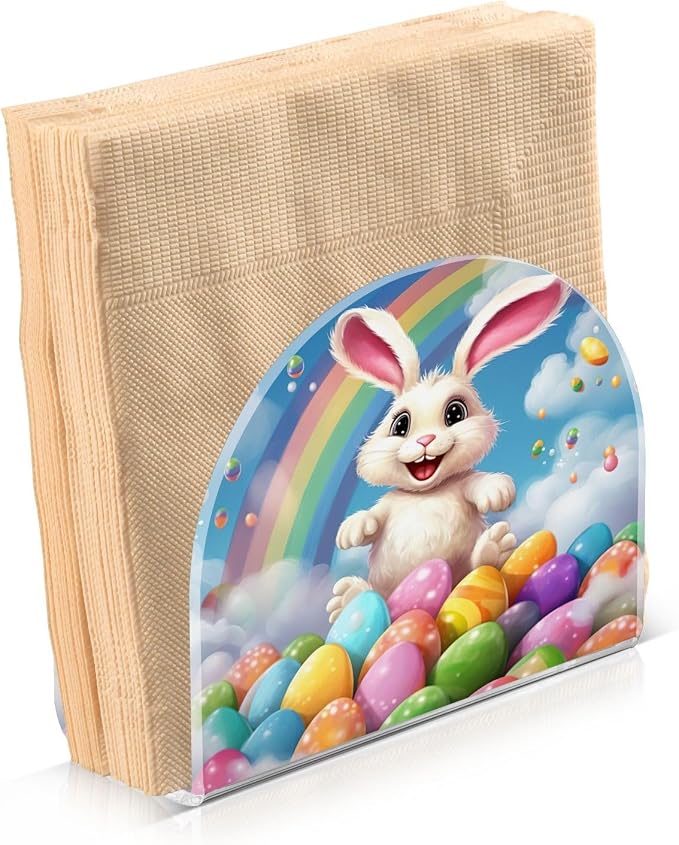 Qilmy Beautiful Rainbow Easter Bunny Napkin Holder for Tables –Napkin Holders for Kitchen, Table Napkin Holders, Cocktail Napkin Holder,Paper Napkins Holder
