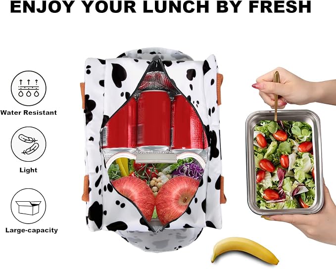 Joymee Reusable Insulated Lunch Bag, Leakproof Cooler Tote for Work - Cow | Large Capacity, Bottle Holder & Side Pockets, Leakproof Insulated Design, for Work, Travel, Picnic & Daily Use, for Adult