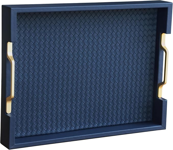 HofferRuffer Faux Leather Rectangle Serving Tray Decor Platter with Gold Metal Handles for Coffee Table, Breakfast, Tea, Food, Countertop, Kitchen, Butler Tray, 16.2 x 12.2 x 2 inches (Navy Blue)