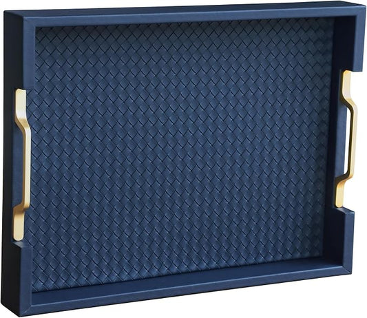 HofferRuffer Faux Leather Rectangle Serving Tray Decor Platter with Gold Metal Handles for Coffee Table, Breakfast, Tea, Food, Countertop, Kitchen, Butler Tray, 16.2 x 12.2 x 2 inches (Navy Blue)