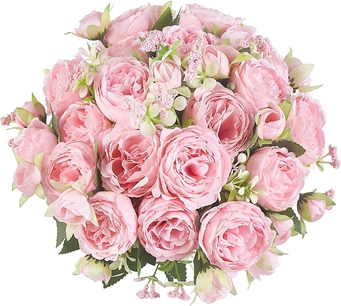 Mkono Peonies Artificial Flowers, Small Silk Flowers for Home Decor Indoor Fake Bouquet Faux Floral Arrangements Dining Table Centerpieces for Kitchen Bridal Wedding Party Decor Pink