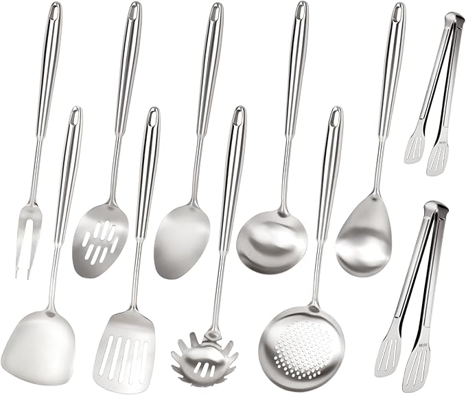 304 Stainless Steel Cooking Utensils Set, 11PCS Stainless Steel Utensils Set, Metal Cooking Utensils Set Include Meat Fork, Tongs, Turner, Soup Ladle, Dishwasher Safe