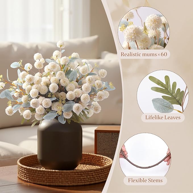 Alupssuc 16PCS Faux Silk Pompon Mums Artificial Flowers with Eucalyptus, Fake Chrysanthemum Floral for DIY Vase Arrangement, Long Stem Dining Table Centerpiece Home Decor, White