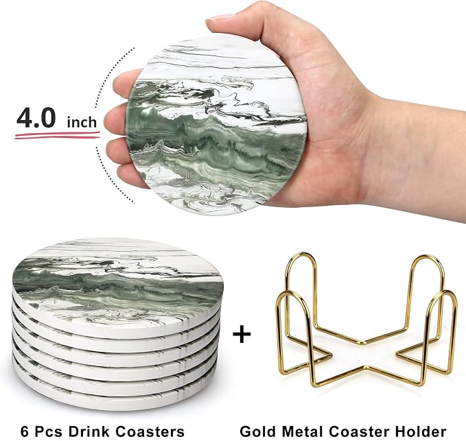 6 Pcs Green Ceramic Coasters with Holder Round Cool Drink Best Modern Absorbent Coaster Set for Coffee Table, Art Decorative Coasters, Bar, Farmhouse, Outdoor Cup Coaster Gifts