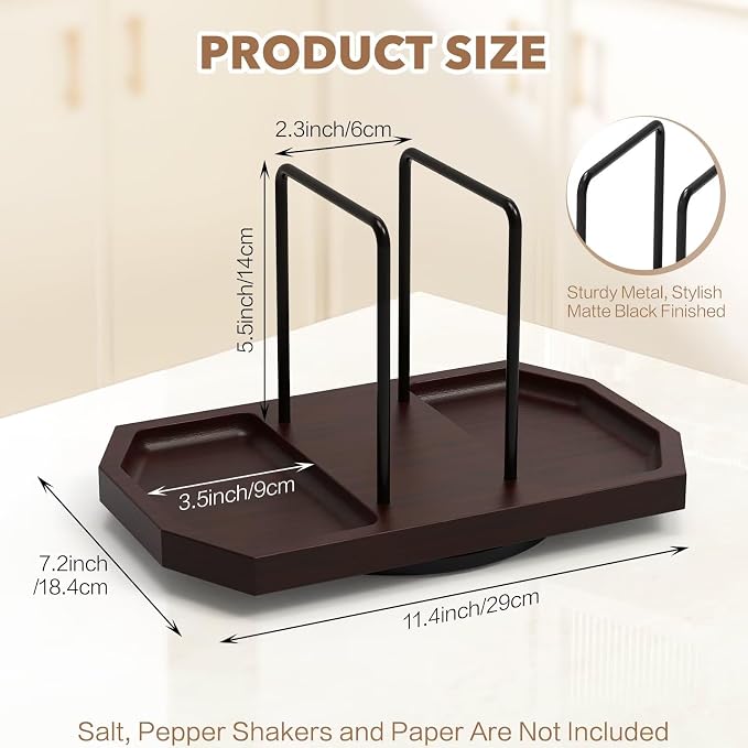Napkin Holder for Table, Rotating Napkin Dispenser with Salt and Pepper Shakers Storage, Standing Paper Napkin Organizer for Kitchen Dining Table Decor (1, Brown)