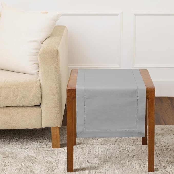 Solino Home Light Grey Table Runner 36 Inches - Cotton Linen Hemstitch Coffee Table Runner 14 x 36 Inch Ideal for Dresser Tables - Spring, Summer