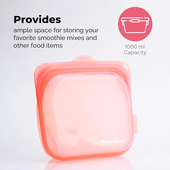 Reusable Silicone Food Storage Bags, 1000 ml Capacity, Leak Proof Freezer Silicone Bags, Easy To Clean Reusable Travel Bag, Pretty Pink