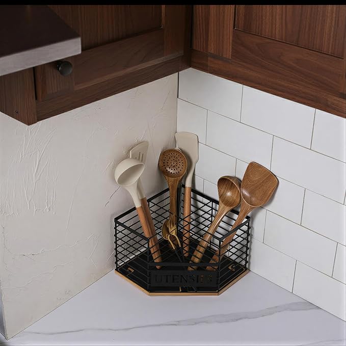 Large Kitchen Utensil Holder with 4 Compartments,Corner Utensil Caddy for Countertop With Waterproof and non-slip silicone mat.