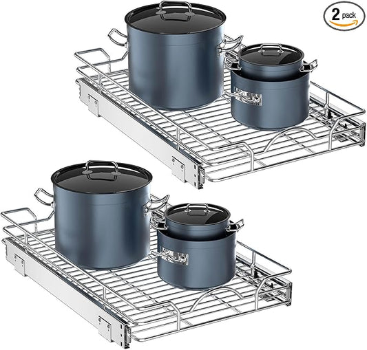 OCG Pull Out Cabinet Organizer 2 Pack (12" W x 21" D), Pull out Shelves 1 Tier, Cabinet Slide Out Shelves for Base Cabinet Organization in Kitchen Bathroom Pantry, Bottom Mount, Chrome Finish