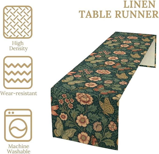 William Morris Style Table Runner,Vintage Floral Botanical Butterfly Rustic Farmhouse Table Runner for Home Indoor Outdoor Kitchen Holiday Birthday Party Wedding Decor 13x60 Inch
