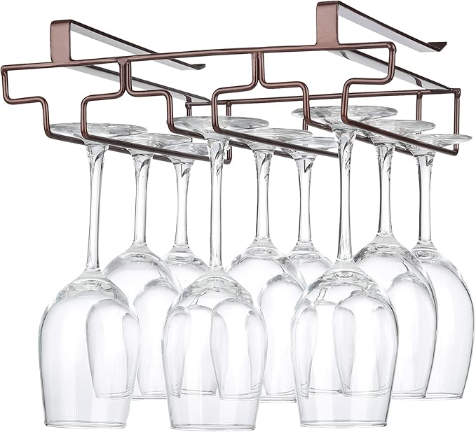 Wine Glass Rack Under Cabinet Drilling Free No Screw Steamware Holder Under Shelf Metal Wine Glasses Holders 304 Stainless Steel Hanger Storage Organizer Hanging Glass Fit for Bar Kitchen 3 Rows Brown