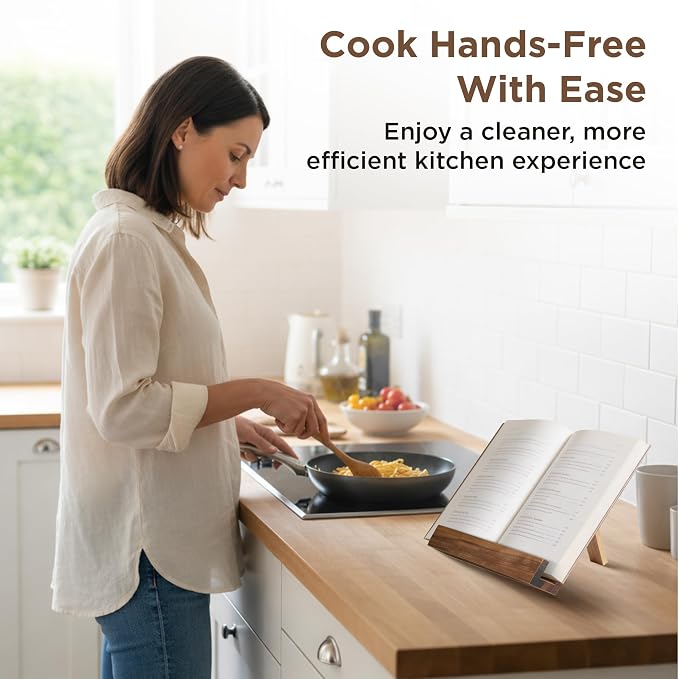 Acacia Wood Cookbook Stand – Adjustable Recipe Book Holder for Kitchen Counter, Sturdy Wooden Stand Fits Thick Cookbooks, iPads & Tablets