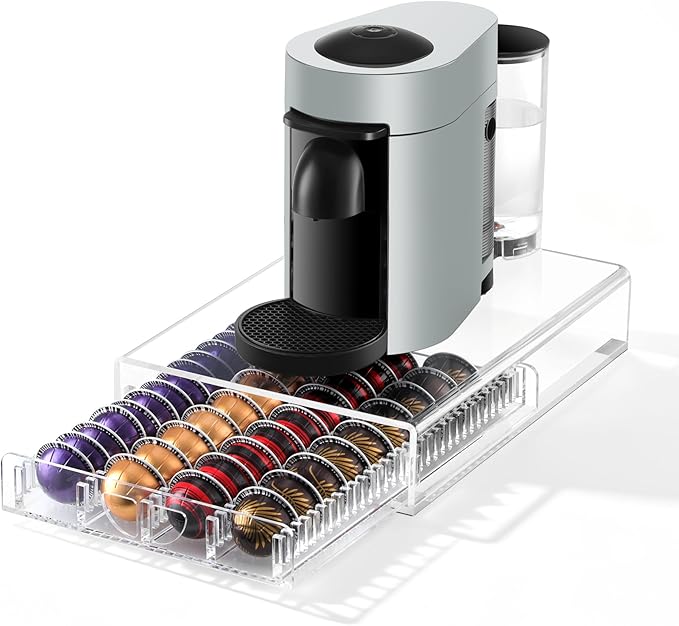 BLACKSMITH FAMILY Coffee Pod Drawer Organizer for Nespresso Vertuo Pods,Acrylic Coffee Pod Holder Holds 40 Large or 60 Small Capsules,Pull-Out Drawer with Anti-Slip Base for Countertop（Crystal-Clear)
