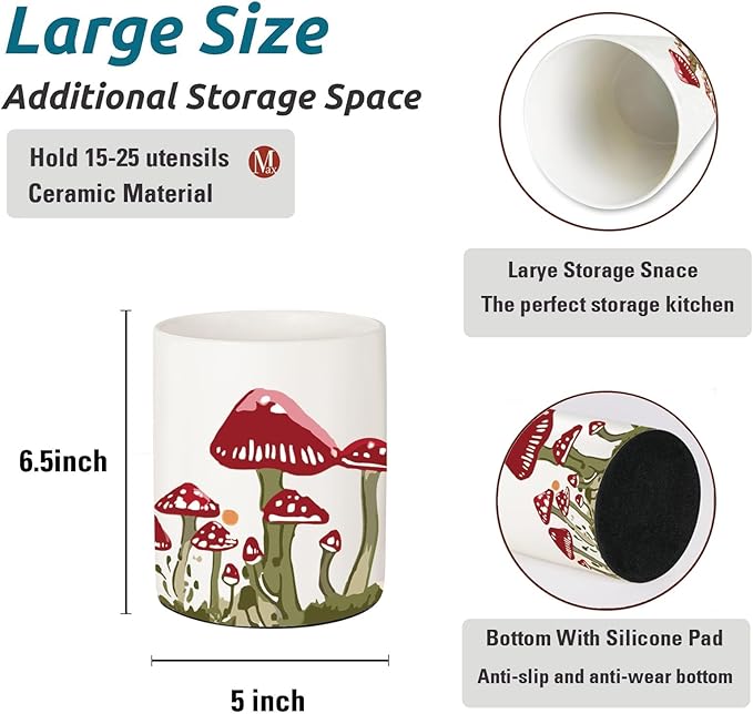 Mushroom Kitchen Decor, Ceramic Utensil Holder Bee Decor, 6.5 Inch Farmhouse Indoor Kitchen Decorative Utensil Rack For Spoon Storage and Cooking Tools