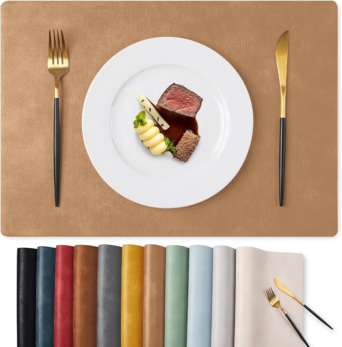 MOSAYT Vinyl Placemats Set of 4-12 X 17 Inch - Faux Leather 100% Waterproof Oil-Proof Wipeable PU Place Mats, Heat Resistant Reversible Table Mats for Kitchen, Dining, Outdoor, Camel