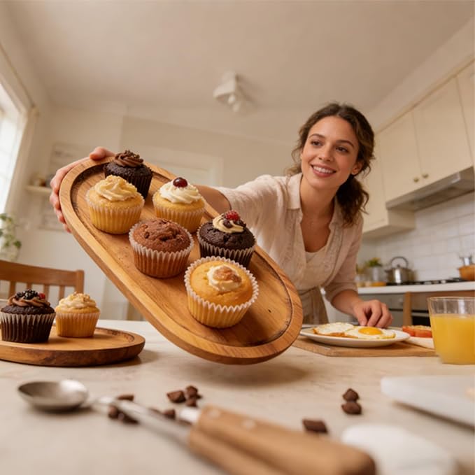 Wood Tray Set of 6, Oval Acacia Wood Serving Board Bulk, Small Charcuterie Boards, Wooden Serving Platters for Cheese Bread Fruit Dessert Tea, Kitchen Dining Catering Trays