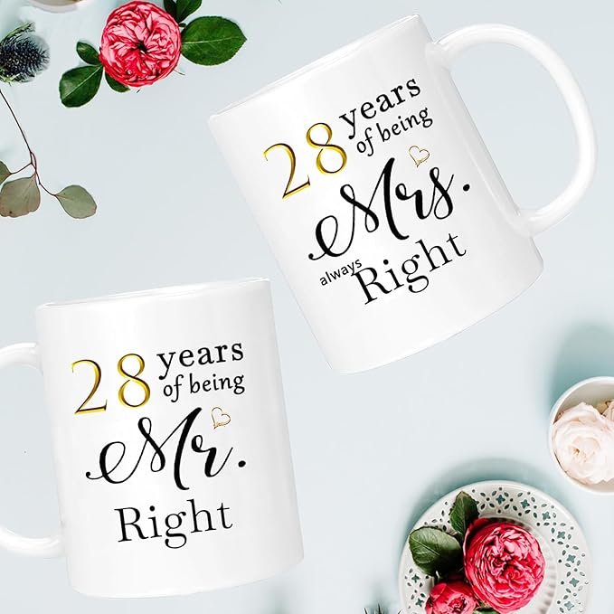 28th Anniversary Coffee Mugs Set of 2, 28 Year Anniversary Wedding Gifts Decorations for Couple Parents Men Women Husband Wife Him Her, Gift Box Packaging, 11oz